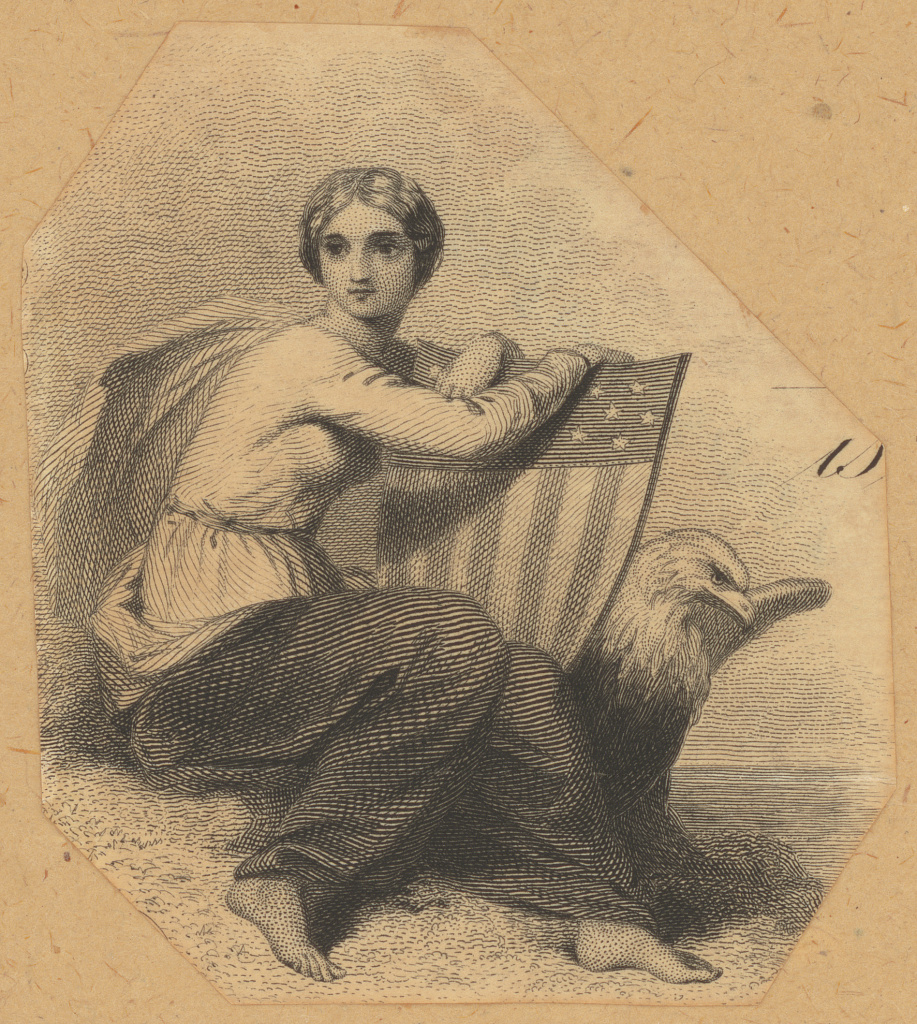 Miss Columbia with stars-and-stripes shield and eagle